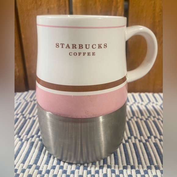 Starbucks 2006 Pink & Brown Stripe Stainless Steel Bottom & Ceramic Coffee Mug - Picture 1 of 8